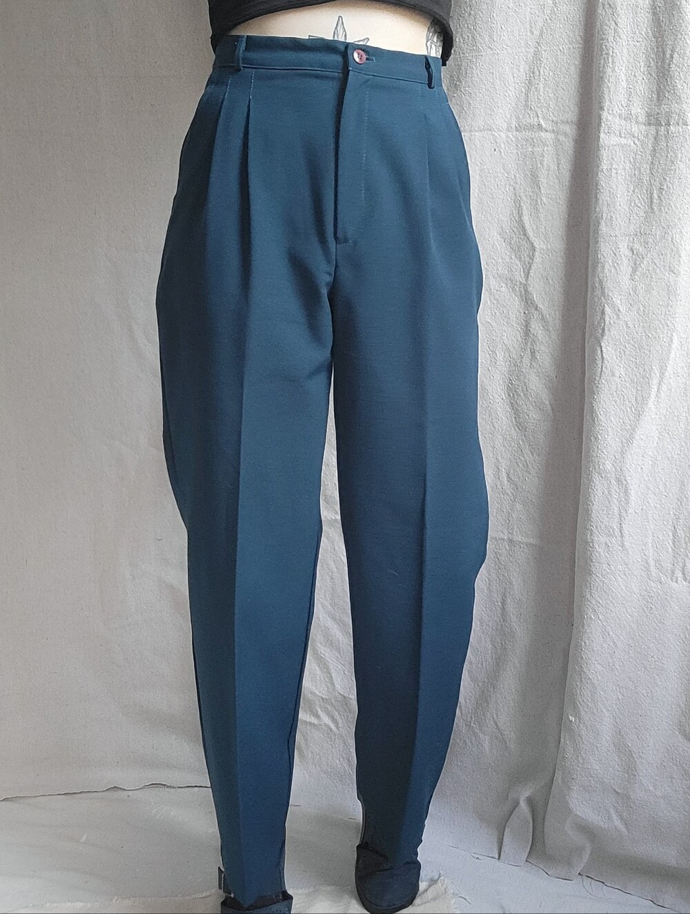 Vintage 70s Happy Legs Pleated High Waisted Trousers Teal Size 24"